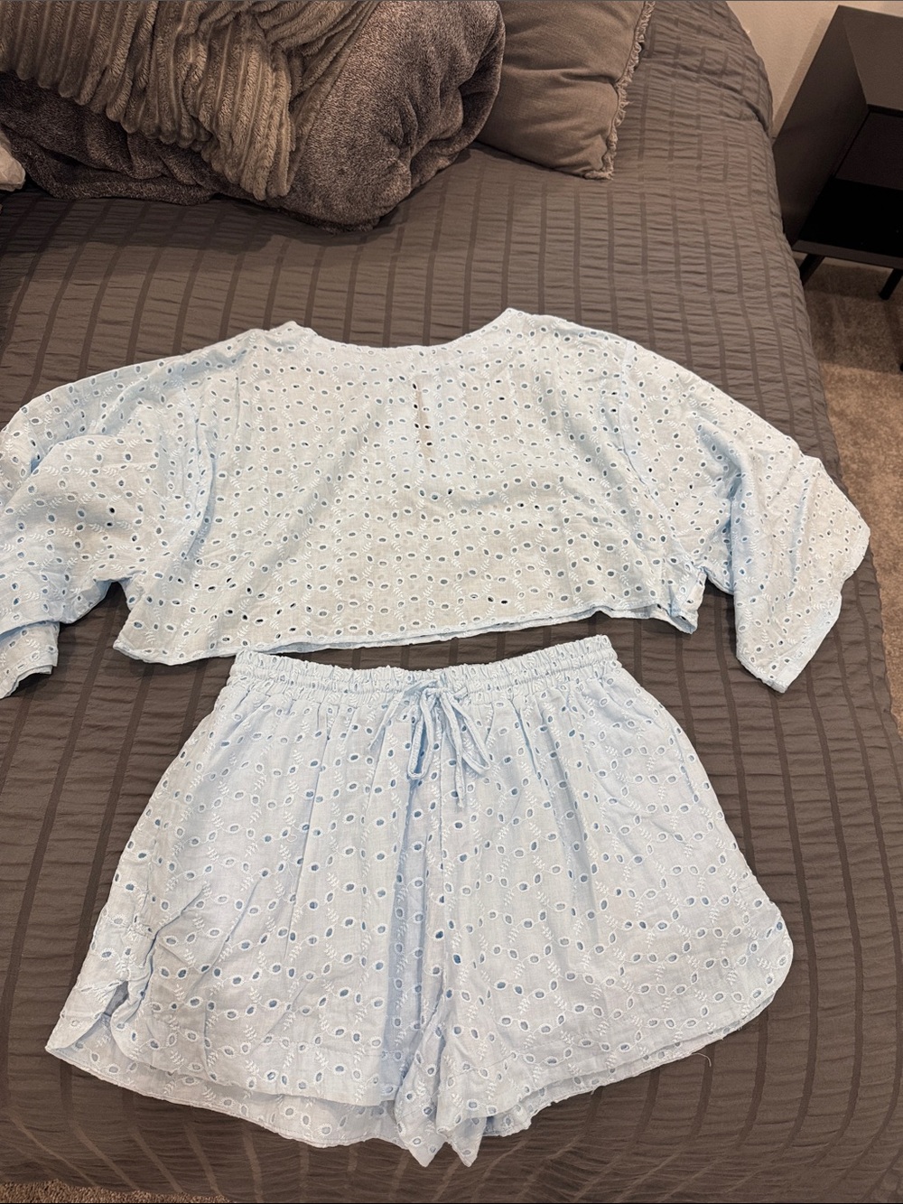 HYFVE Light Blue Eyelet Cropped Top & Elastic Waist Shorts Set